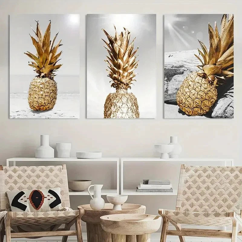 3pcs Pineapple Painting Black Wall Art Metal Print Ready to Hang Art