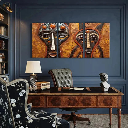 3pcs Abstract Tribal Faces Mosaic Ethnic Art Metal Print Ready to Hang Art
