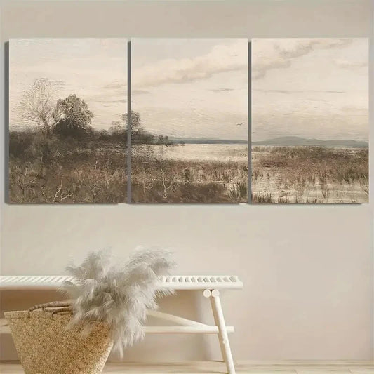 3pcs Vintage Lake Landscape Neutral Color Design Metal Print Ready to Hang Art