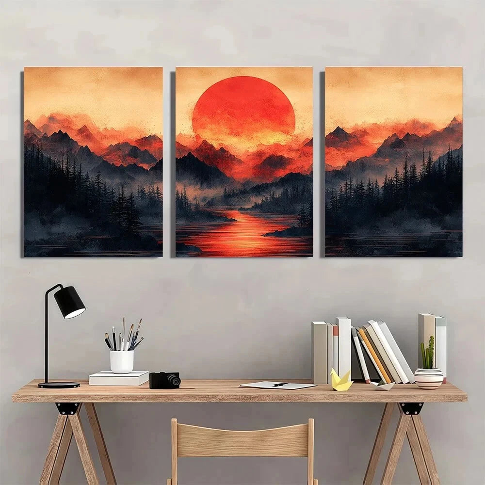3pcs Japanese Sunset Mountain Metal Print Ready to Hang Art