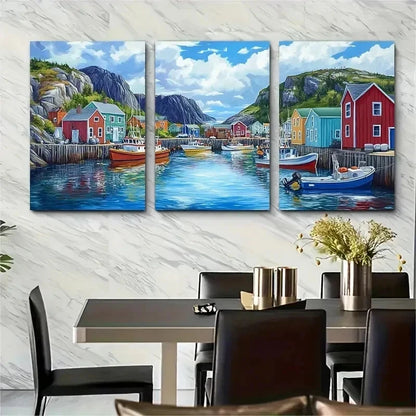3pcs Trinity Harbor Newfoundland Fishing Perfect Wall Art Set Canvas Framed 40x60cm - High Quality Print 100% Australian Made Wall Canvas Ready to Hang