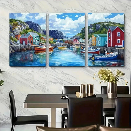 3pcs Trinity Harbor Newfoundland Fishing Perfect Wall Art Set Canvas Framed 40x60cm - High Quality Print 100% Australian Made Wall Canvas Ready to Hang