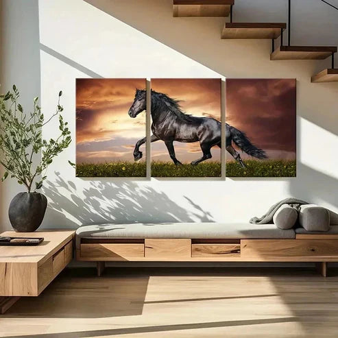 3pcs Majestic Black Horse Running Wall Art Set Canvas Unframed - High Quality Print 100% Australian Made Wall Canvas
