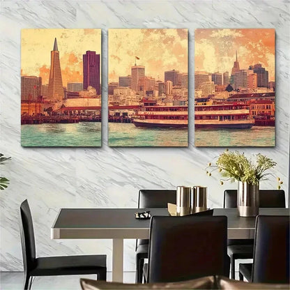 3pcs Vibrant Scenic Waterfront & Skyline View Metal Print Ready to Hang Art