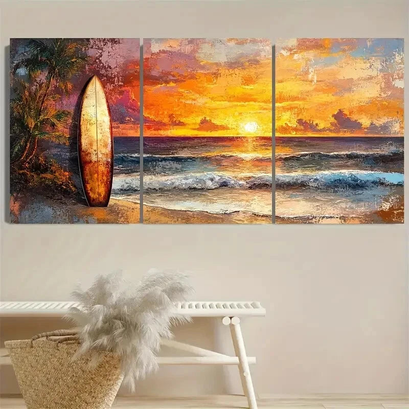 3pcs Vibrant Sunset Beach Surfboard Tropical Metal Print Ready to Hang Art