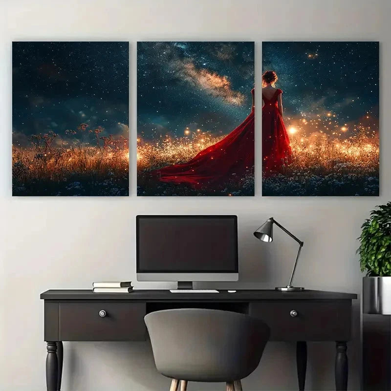 3pcs Red Gown Woman Gazing at Illuminated Night Wall Art Set Canvas Framed 40x60cm - High Quality Print 100% Australian Made Wall Canvas Ready to Hang