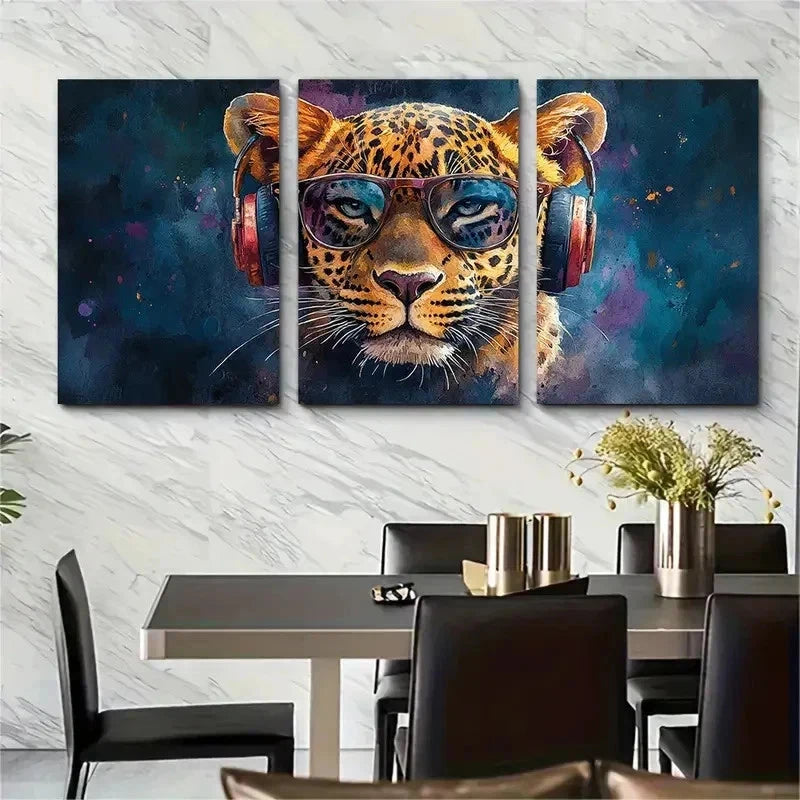 3pcs Colourful Leopard Headphones Glasses H Wall Art Set Canvas Framed 40x60cm - High Quality Print 100% Australian Made Wall Canvas Ready to Hang