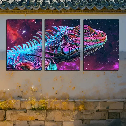 3pcs Vibrant Vivid Animal Iguana Illustration Metal Print Ready to Hang Art