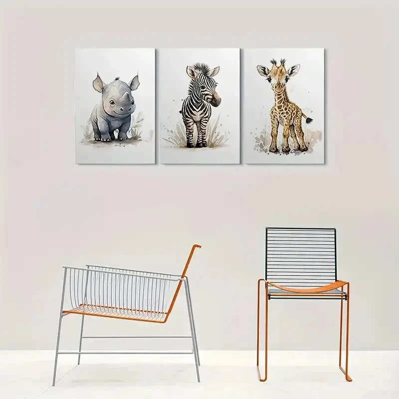 3pcs Adorable Youngsters Animal Zebra Giraffe Metal Print Ready to Hang Art