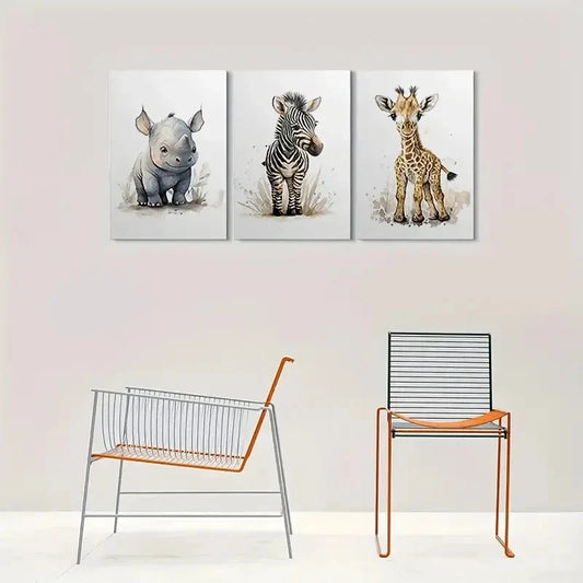3pcs Adorable Youngsters Animal Zebra Giraffe Metal Print Ready to Hang Art