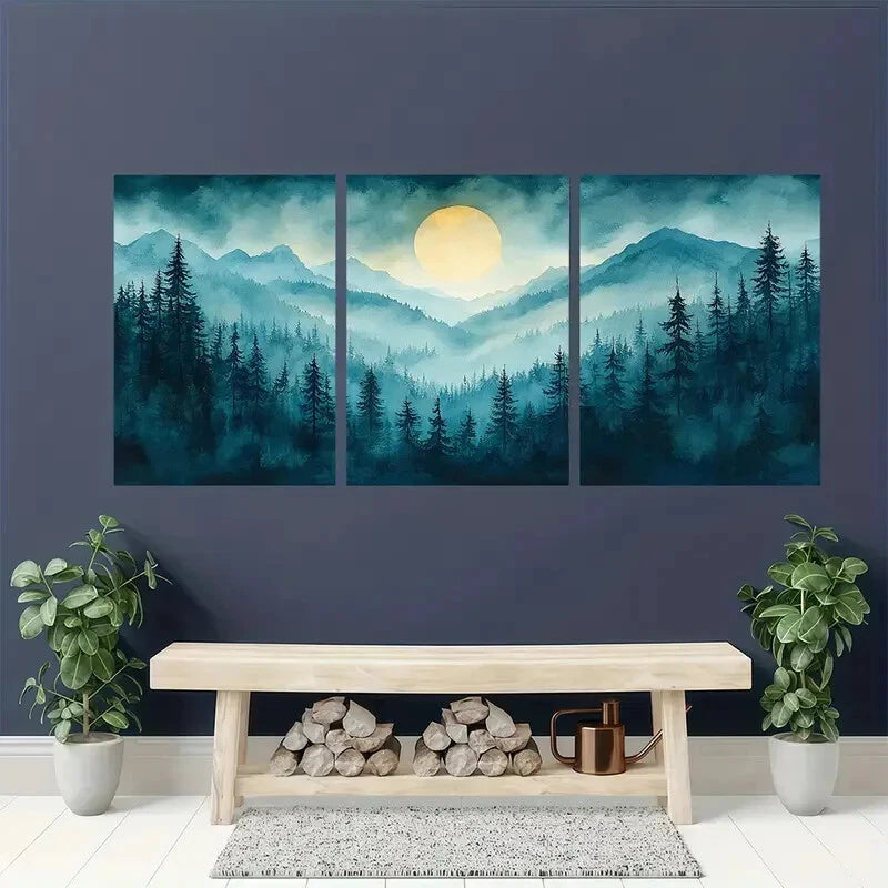 3pcs Oregon Forest Painting Pine Watercolor Metal Print Ready to Hang Art