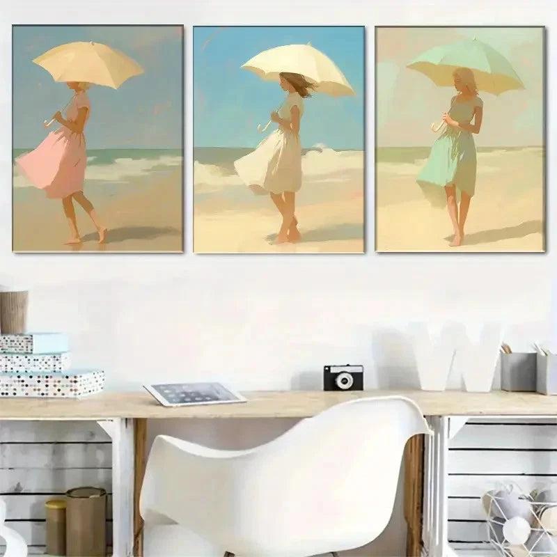 3pcs Beach Lady with Umbrella Art Print Metal Print Ready to Hang Art
