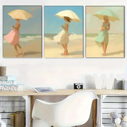 3pcs Beach Lady with Umbrella Art Print Metal Print Ready to Hang Art