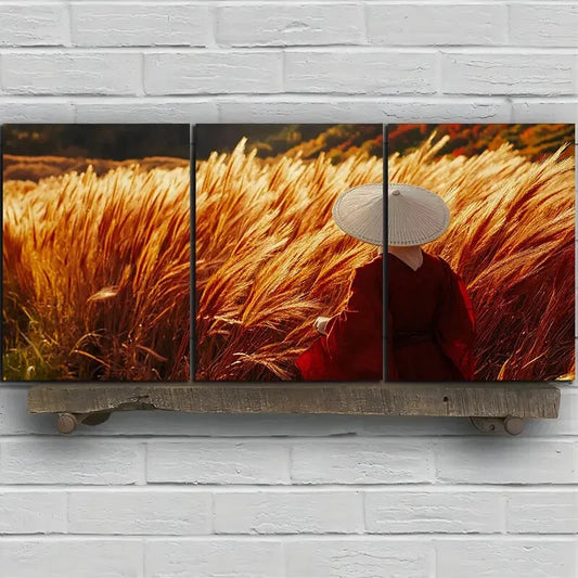 3pcs Golden Field Person Sitting On The Grass Metal Print Ready to Hang Art