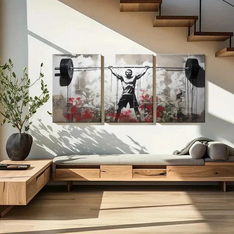 3pcs Street Art Weightlifting Graffiti Urban Scene Metal Print Ready to Hang Art