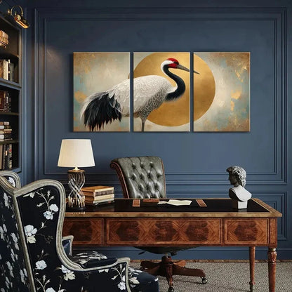 3pcs Elegant Crane Art Golden Circle Design Metal Print Ready to Hang Art