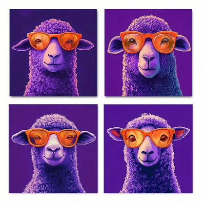 4pcs Vibrant Sheep with GlassesWall Art Canvas Framed
