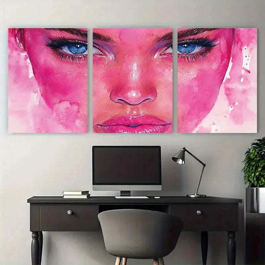 3pcs Pink Abstract Woman Face Watercolor Fashion Metal Print Ready to Hang Art