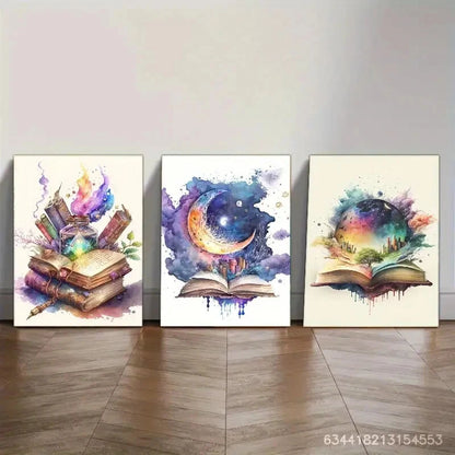 3pcs Books Magical Books Moon and Planets Metal Print Ready to Hang Art