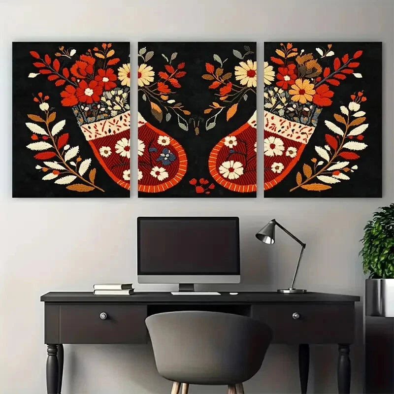 3pcs Muhu Embroidered Mittens Design Traditional Metal Print Ready to Hang Art