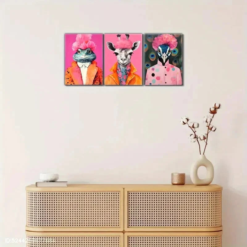 3pcs Funky Animal Fashion Portraits Colorful Trendy Metal Print Ready to Hang