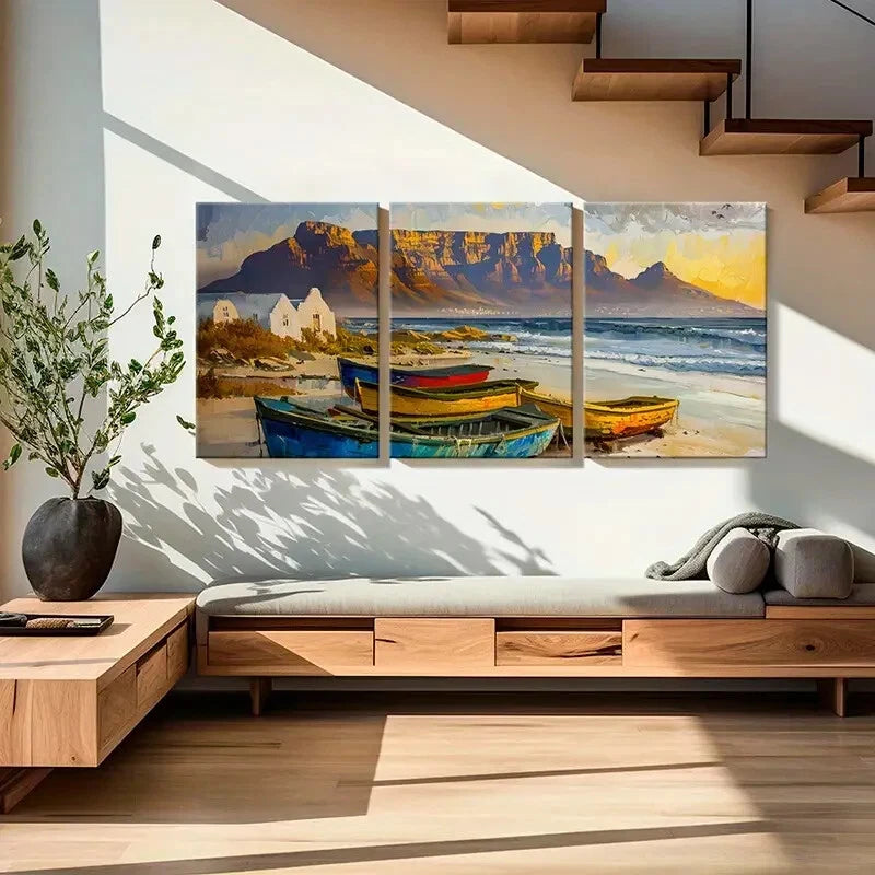 3pcs Artistic Coastal Landscape Mountain View Metal Print Ready to Hang Art