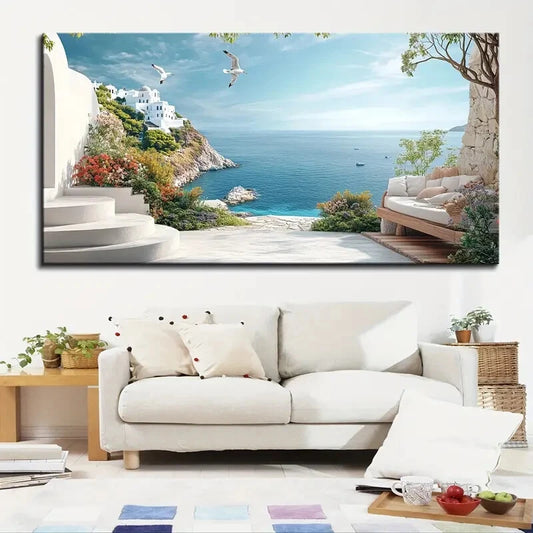 Vibrant Santorini Beach wall canvas office home room framed 120x60cm - Bella Home Decor
