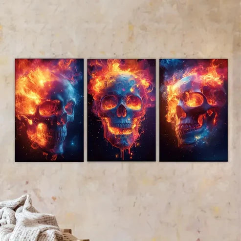 3pcs fire skull wallpapers set Wall Art Set Canvas Unframed - High Quality Print 100% Australian Made Wall Canvas