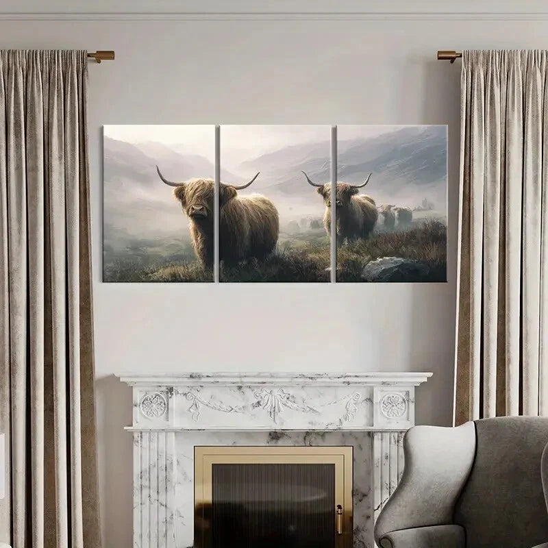 3pcs Highland Cattle Mountain Landscape Scene Metal Print Ready to Hang Art