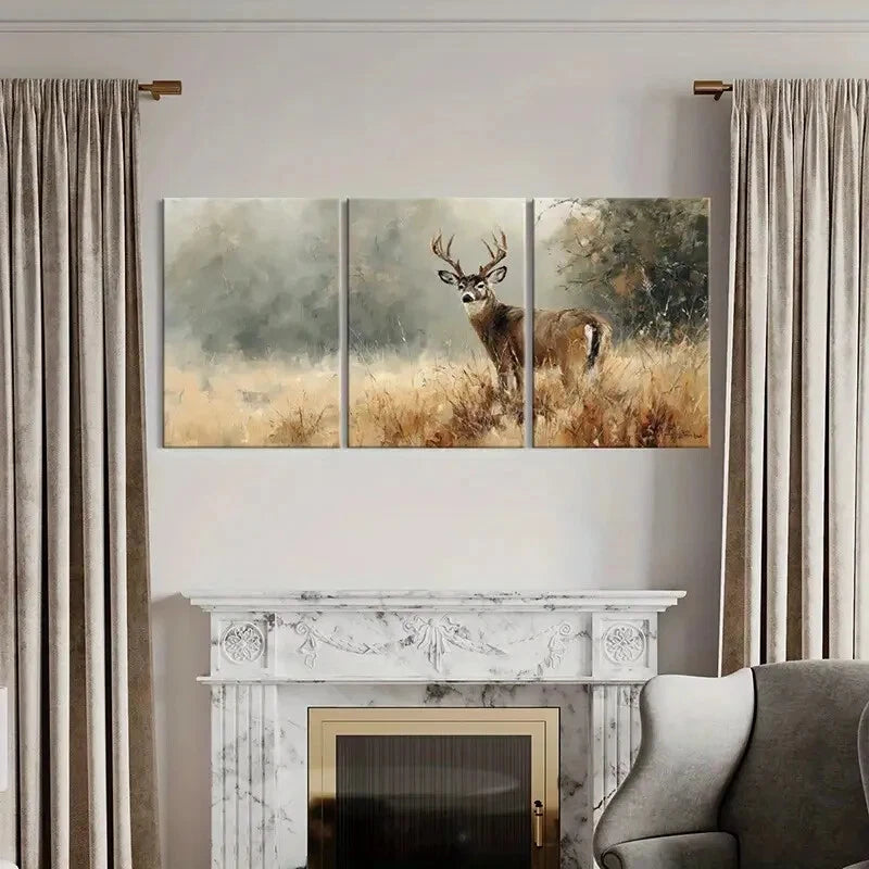 3pcs Artistic Deer Landscape Painting Wildlife Metal Print Ready to Hang Art
