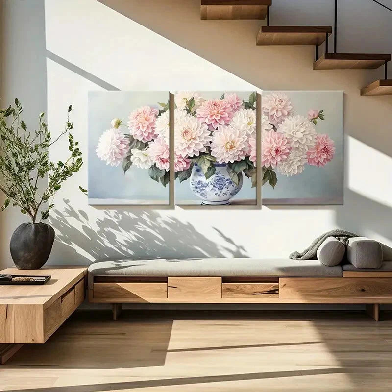 3pcs Floral Arrangement Blue And White Vase Metal Print Ready to Hang Art