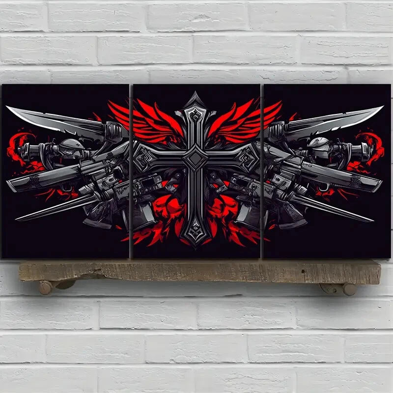 3pcs Ancient Swords and Skeletons Red Metal Print Ready to Hang Art