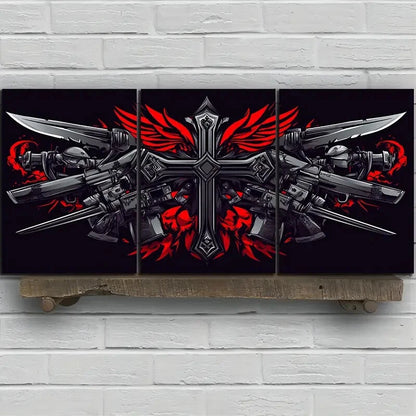 3pcs Ancient Swords and Skeletons Red Metal Print Ready to Hang Art