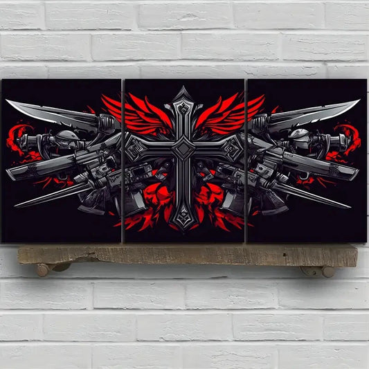 3pcs Ancient Swords and Skeletons Red Metal Print Ready to Hang Art