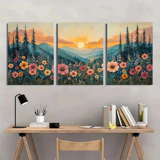 3pcs Gunnison Forest Wildflowers Sunrise Perfect Wall Art Set Canvas Framed 40x60cm - High Quality Print 100% Australian Made Wall Canvas Ready to Hang
