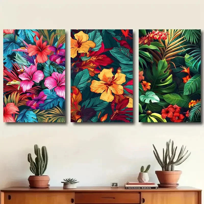 3pcs Tropical Flower Vibrant Lily Tropical Leaves Metal Print Ready to Hang Art