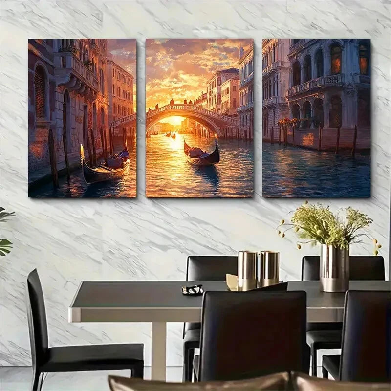 3pcs Venice Canal Sunset Gondolas & Bridges Metal Print Ready to Hang Art