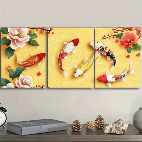 3pcs Koi Fishes in Floral Yellow Background Wall Art Set Canvas Unframed - High Quality Print 100% Australian Made Wall Canvas