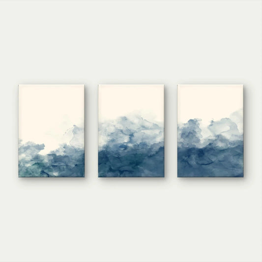 3pcs Indigo Blue Watercolour Ink Wash Minimalist Wall Art Set Canvas Framed 60x90cm - High Quality Print 100% Australian Made Wall Canvas Ready to Hang