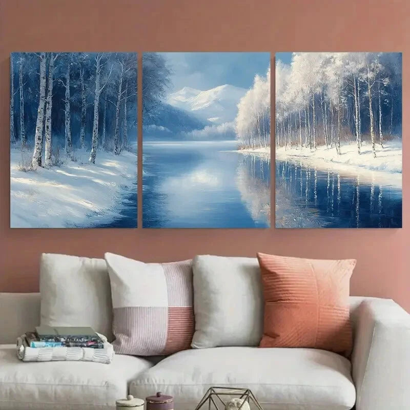 3pcs Blue and White Snowy Winter Landscape Forest Metal Print Ready to Hang Art