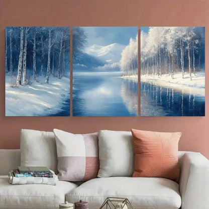 3pcs Blue and White Snowy Winter Landscape Forest Metal Print Ready to Hang Art