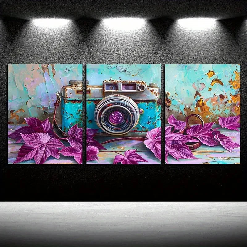 3pcs Vibrant Purple leaves with Old Camera Metal Print Ready to Hang Art
