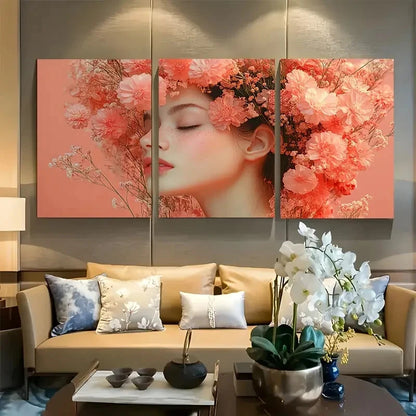 3pcs Woman with Flower Headdress Metal Print Ready to Hang Art