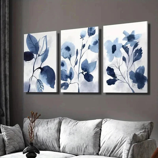 3pcs Botanical Navy Blue Flowers & Leaves Wall Art Set Canvas Framed 50x70cm - High Quality Print 100% Australian Made Wall Canvas Ready to Hang