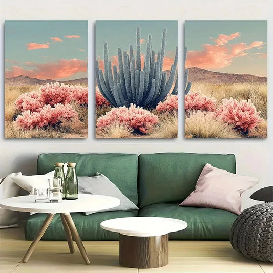 3pcs Boho Cactus Pink & Beige Desert Metal Print Ready to Hang Art