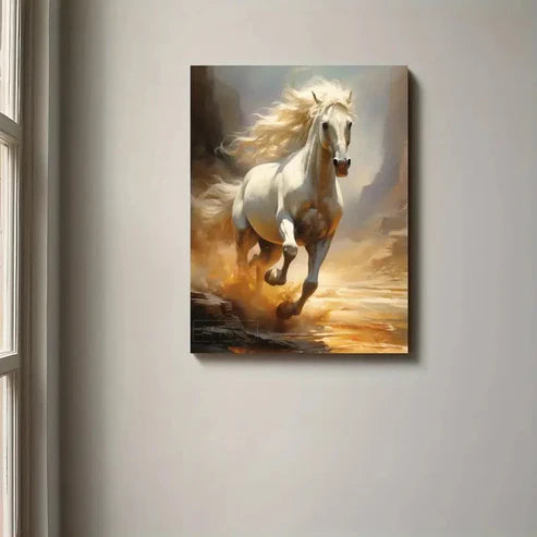 Beautiful White Horse With Long Mane Galloping 60x90cm Metal Print Ready to Hang