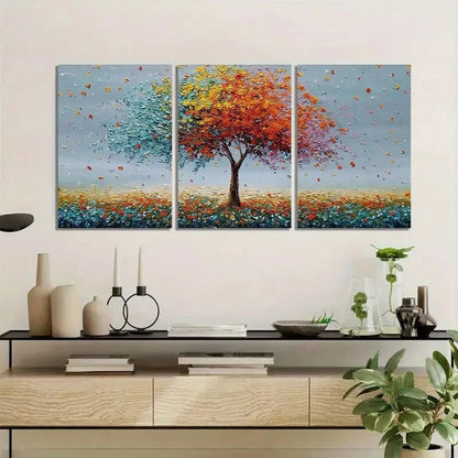 3pcs Tree with Colorful Leaves in Artistic Style Metal Print Ready to Hang Art