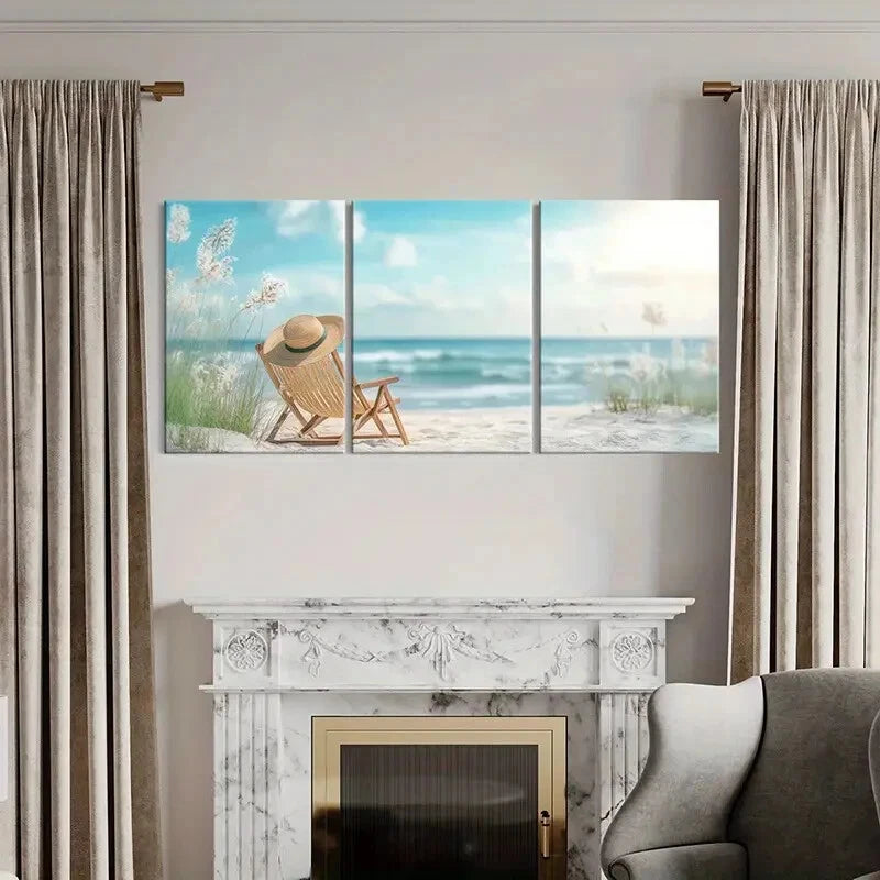 3pcs Beach Straw Hat Ocean View Serenity Metal Print Ready to Hang Art