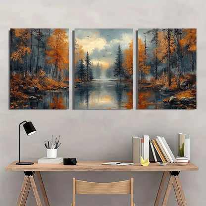 3pcs Autumn River Forest Vintage Antique Style Wall Art Set Canvas Framed 60x90cm - High Quality Print 100% Australian Made Wall Canvas Ready to Hang