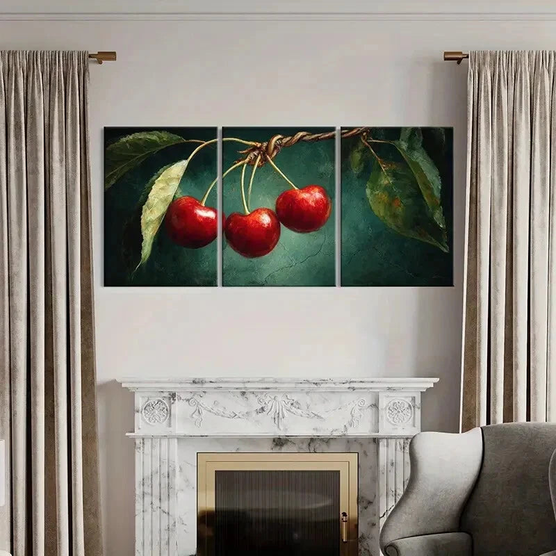 3pcs Artistic Vibrant Red Cherry Illustration Metal Print Ready to Hang Art